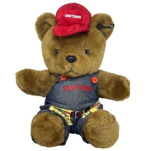 VTG Craftsman Teddy Bear Soft Plush Toy 10" Denim Overalls Red Hat Collectible